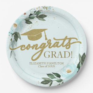 Congrats Grad Gold Teal Floral Graduation Party Paper Plates