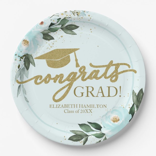 Congrats Grad Gold Teal Floral Graduation Party Paper Plates (Front)