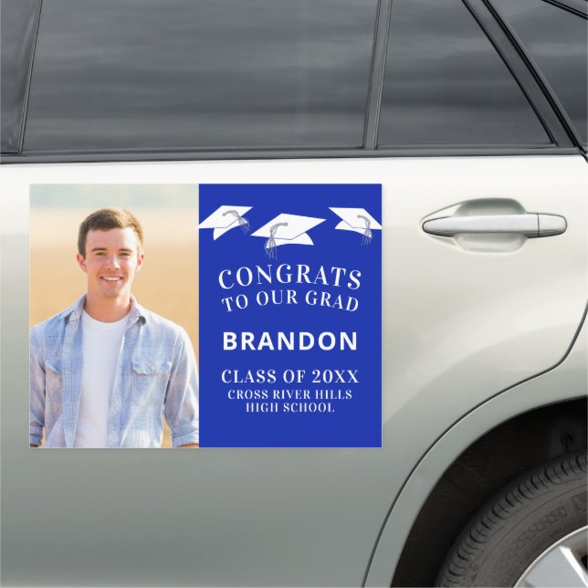 CONGRATS GRAD Graduation Cap Toss Photo Royal Blue Car Magnet (In Situ)