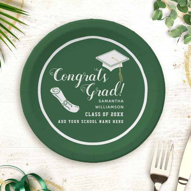 Congrats Grad Green and White Class of 2025 Paper Plates (Creator Uploaded)