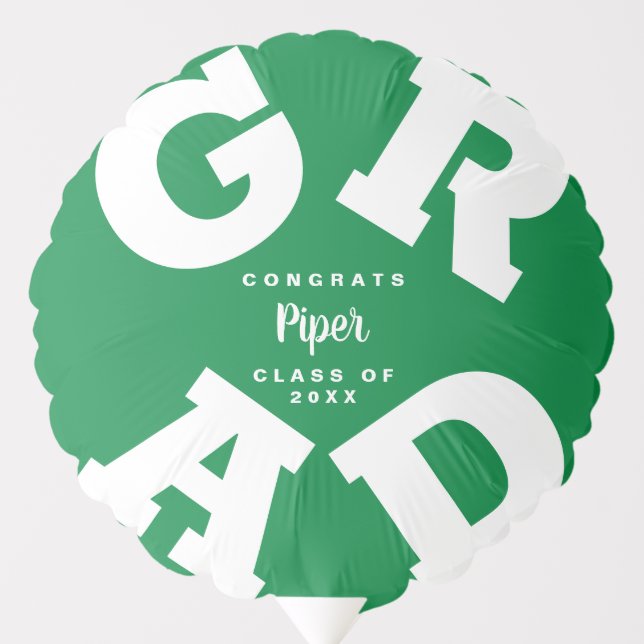 Congrats GRAD Green and White Personalized Party Balloon (Front)
