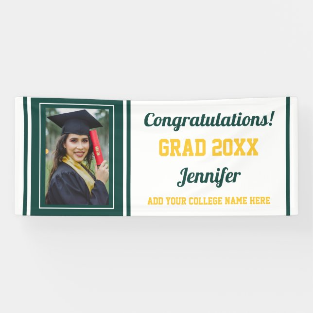 Congrats Grad  Green Gold White Photo Graduation Banner (Horizontal)