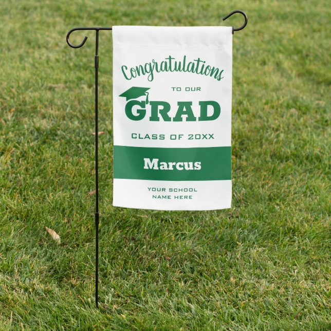 Congrats Grad Green on White Graduation Garden Flag (In SItu)