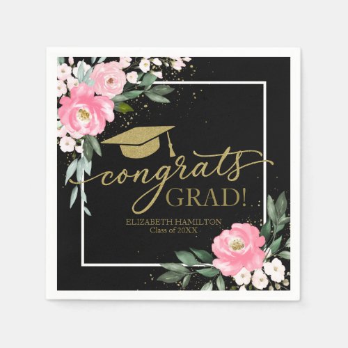 Congrats Grad Hot Pink Floral Graduation Black  Napkins