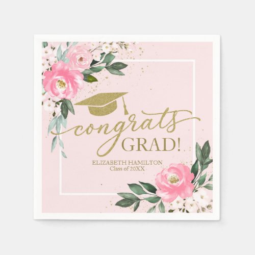 Congrats Grad Hot Pink Floral Graduation Napkins