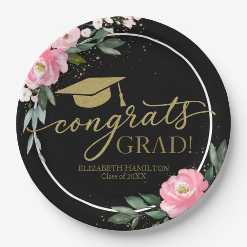 Congrats Grad Hot Pink Floral Graduation Party Paper Plates