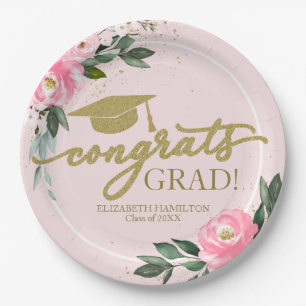 Congrats Grad Hot Pink Floral Graduation Party Paper Plates