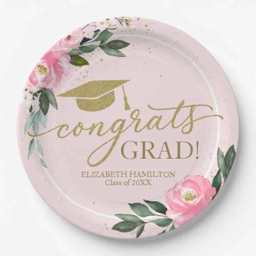 Congrats Grad Hot Pink Floral Graduation Party Paper Plates