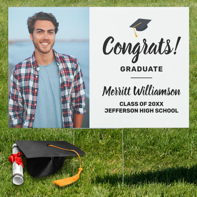 Congrats Grad, Large Photo Gold Custom Graduation Sign | Zazzle