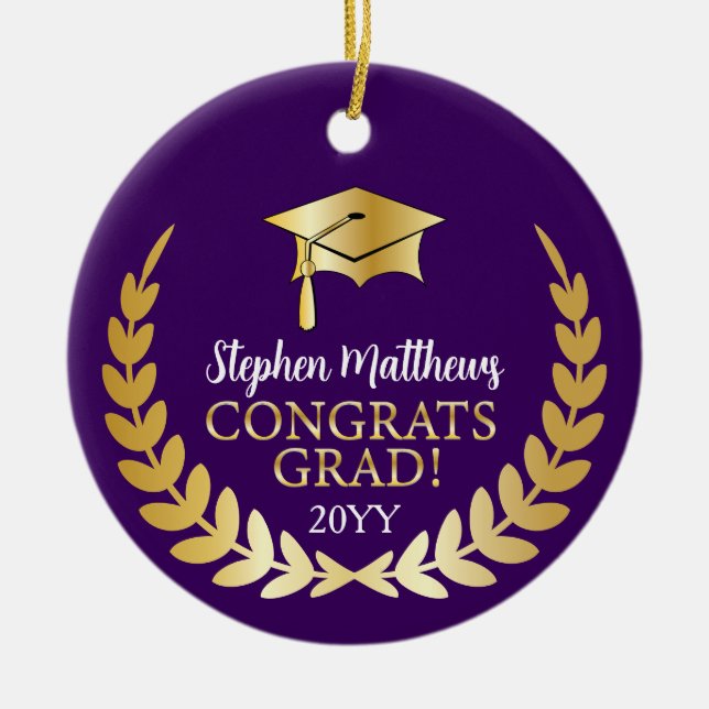 Congrats Grad Laurel Wreath Year Name Dk Purple Ceramic Ornament (Front)