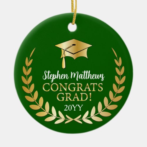 Congrats Grad Laurel Wreath Year Name Green Ceramic Ornament
