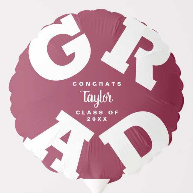 Congrats GRAD Maroon and White Personalized Party Balloon (Front)