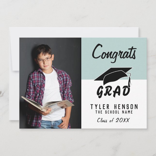 Congrats Grad Modern Blue Photo Graduation Card (Front)
