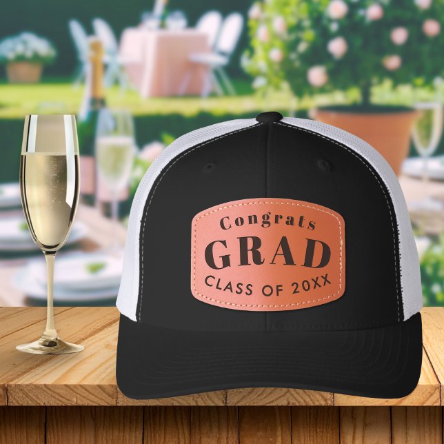 Congrats Grad Modern Graduate Custom Year Leather Patch Hat (A trucker hat to celebrate graduation and as a keepsake, with 'Congrats Grad' and 'Class of' year)