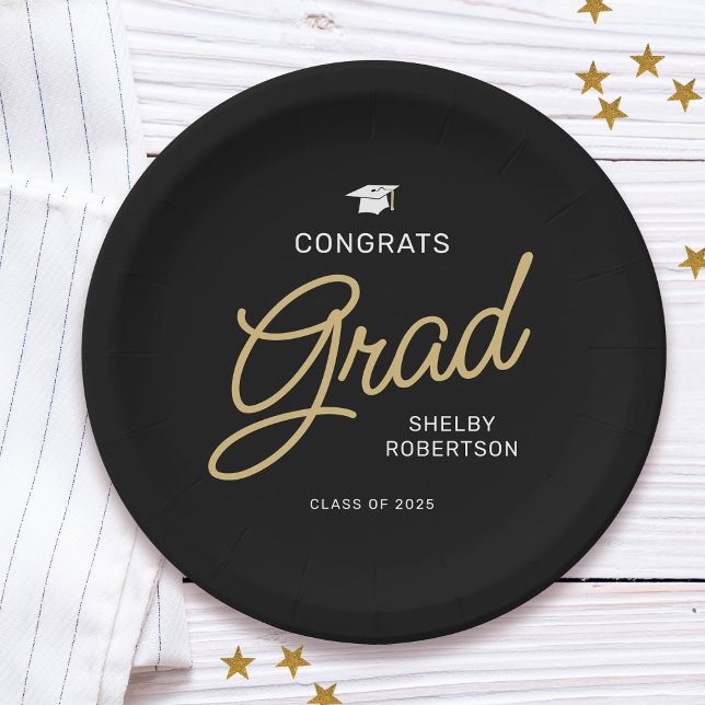 Congrats Grad Modern Script Black Graduation Paper Plates (Creator Uploaded)