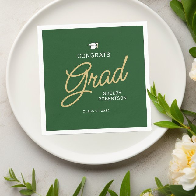 Congrats Grad Modern Script Green Graduation Napkins (Creator Uploaded)