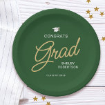 Congrats Grad Modern Script Green Graduation Paper Plates<br><div class="desc">Graduation paper plates in green and gold. The design features the word "grad" in modern,  elegant gold handwriting script against a dark green background. Personalize these Grad party paper plates with the name and year of the graduate.</div>