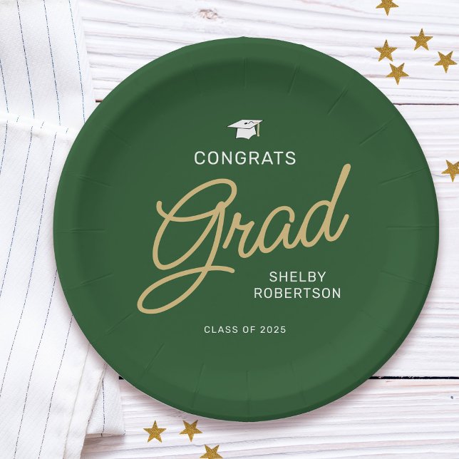 Congrats Grad Modern Script Green Graduation Paper Plates (Creator Uploaded)