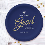 Congrats Grad Modern Script Navy Blue Graduation Paper Plates<br><div class="desc">Graduation paper plates in navy blue and gold. The design features the word "grad" in modern,  elegant gold handwriting script against a navy blue background. Personalize these Grad party paper plates with the name and year of the graduate.</div>