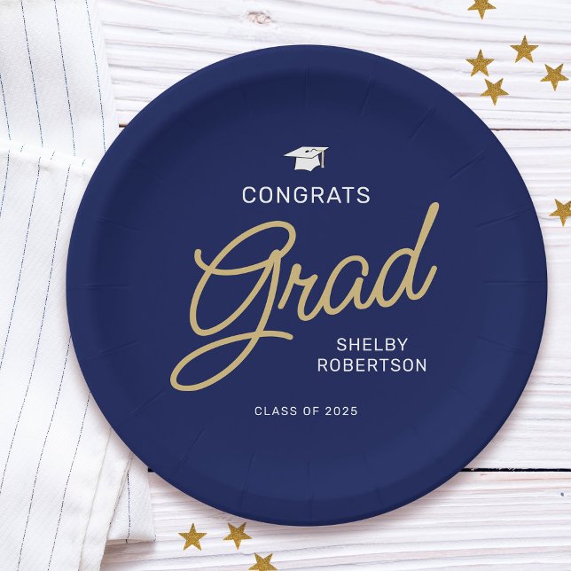 Congrats Grad Modern Script Navy Blue Graduation Paper Plates (Creator Uploaded)