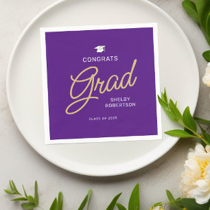 Congrats Grad Modern Script Purple Graduation Napkins