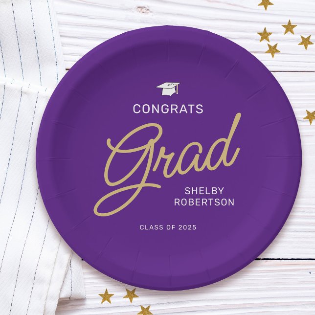 Congrats Grad Modern Script Purple Graduation Paper Plates (Creator Uploaded)