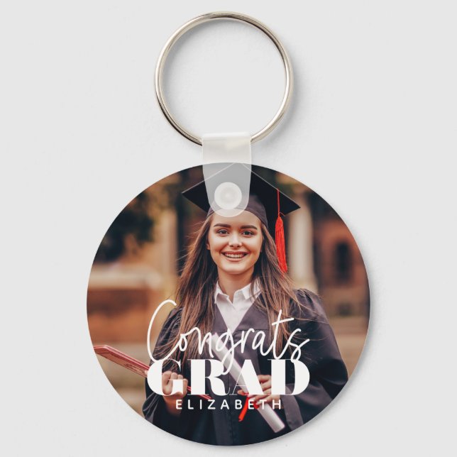 Congrats Grad Modern Simple Script Custom Photo Keychain (Front)