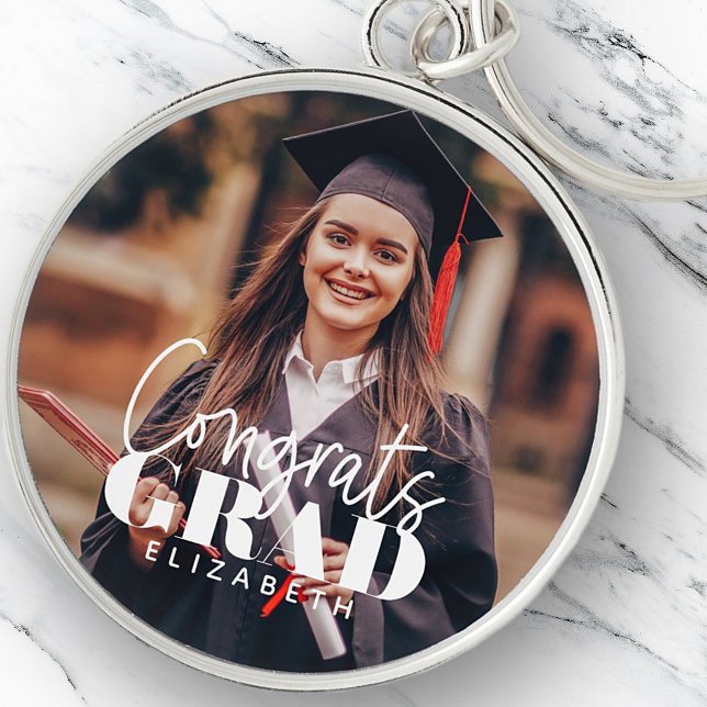 Congrats Grad Modern Simple Script Custom Photo Keychain (Creator Uploaded)
