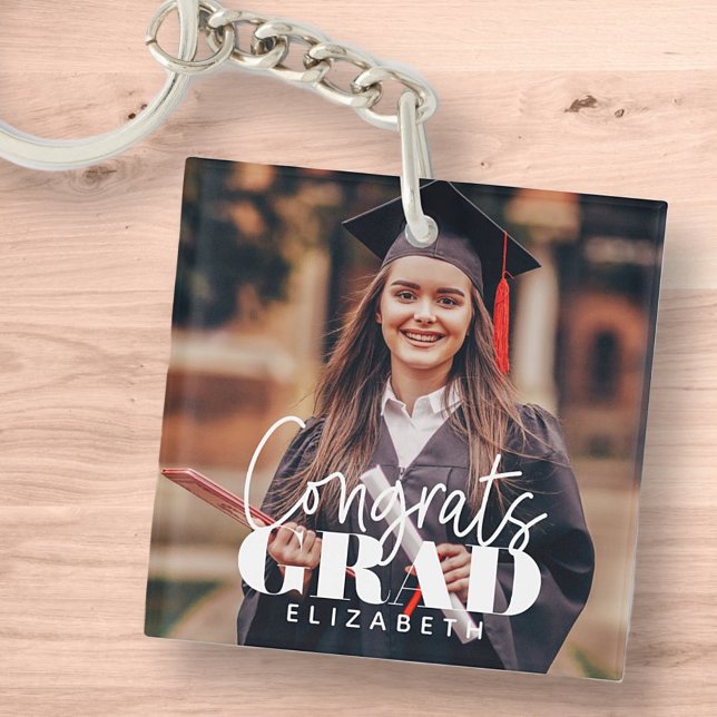 Congrats Grad Modern Simple Script Custom Photo Keychain (Creator Uploaded)