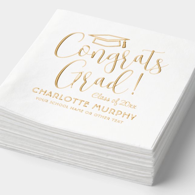 Congrats Grad! Modern Trendy Script Graduation Foil Napkins (Detail)