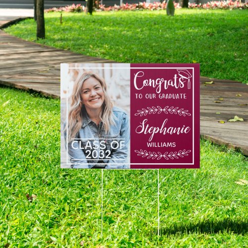 Congrats grad modern with photo burgundi yard sign