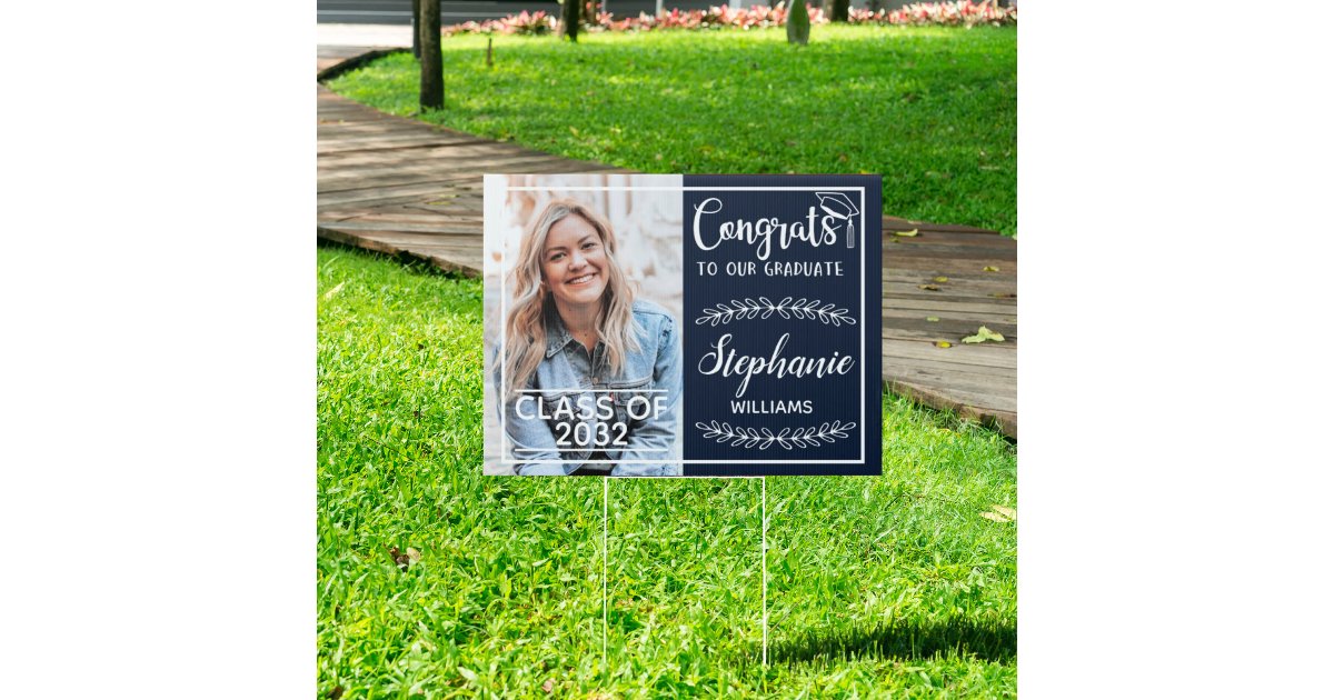 Congrats grad modern with photo dark blue yard sign | Zazzle