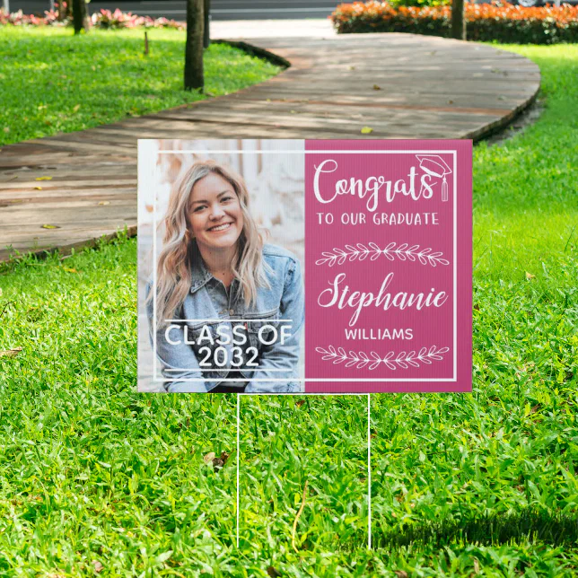 Pink Sign Grad Example Congrats grad modern with photo pink yard sign | Zazzle