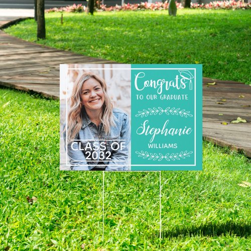 Congrats grad modern with photo turquoise yard sign