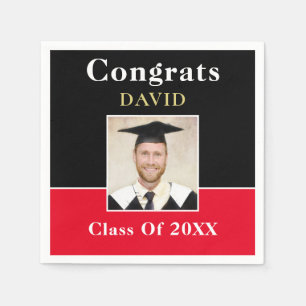 Congrats Grad Name Photo Black Red Gold Informal Napkins