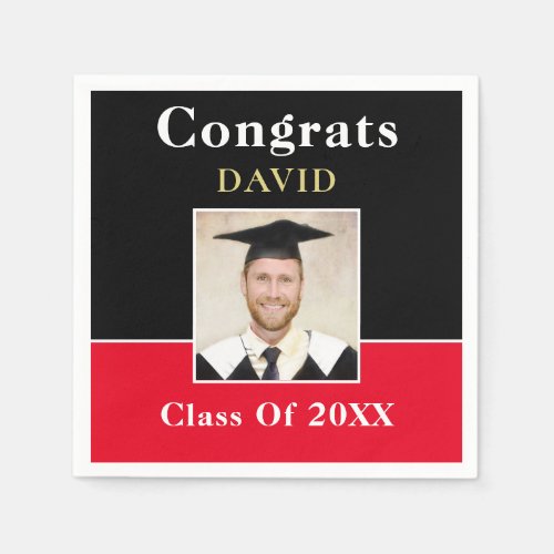 Congrats Grad Name Photo Black Red Gold Informal Napkins