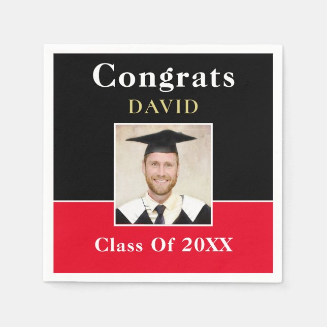 Congrats Grad Name Photo Black Red Gold Informal Napkins (Front)