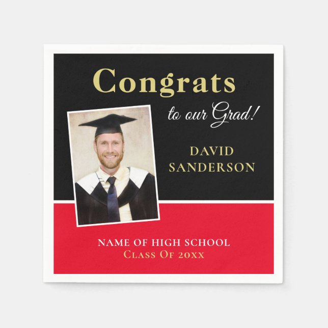 Congrats Grad Name Photo Black Red Gold Napkins (Front)
