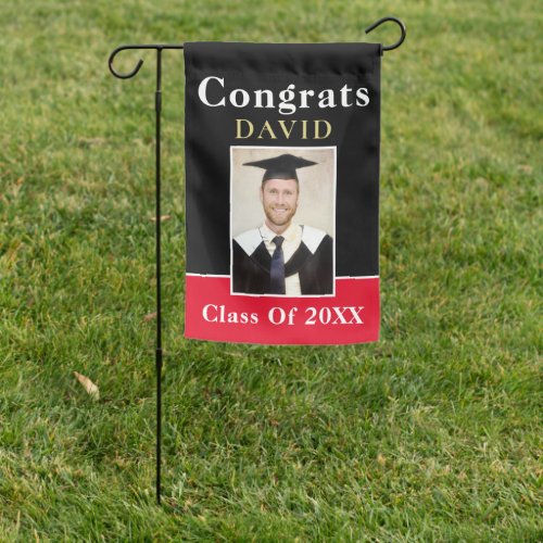 Congrats Grad Name Photo Black Red Informal Garden Flag