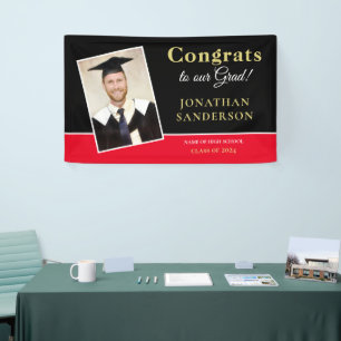 Congrats Grad Name Photo Gold Black Red Banner