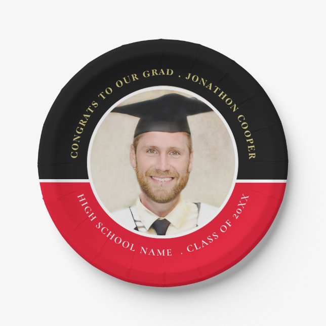 Congrats Grad Name Photo Gold Black Red Graduation Paper Plates (Front)
