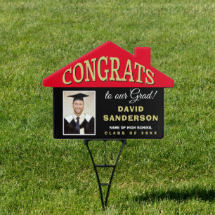 Congrats Grad Name Photo Red Black House Shape Sign