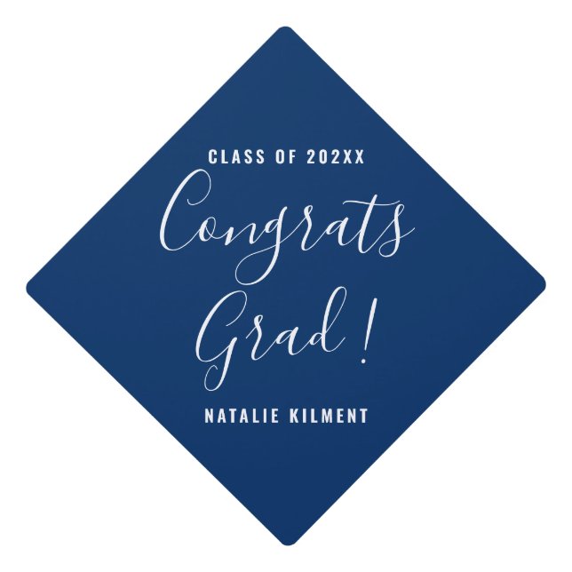 Congrats Grad Navy Blue and White Name Graduation Cap Topper (Front)
