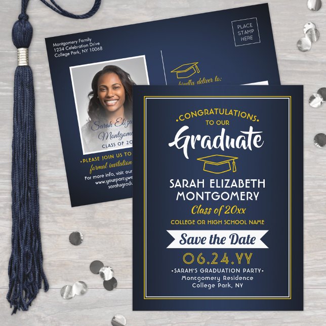 Congrats Grad Navy Blue & Gold Save the Date Photo Announcement Postcard (Creator Uploaded)