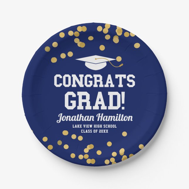 Congrats Grad Navy Blue Grad Party Paper Plates (Front)