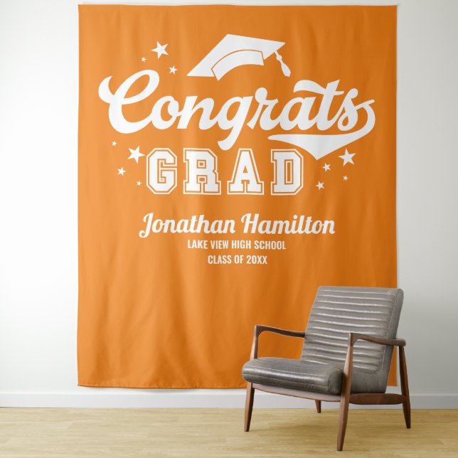 Congrats Grad Orange Graduation Party Backdrop (In Situ)