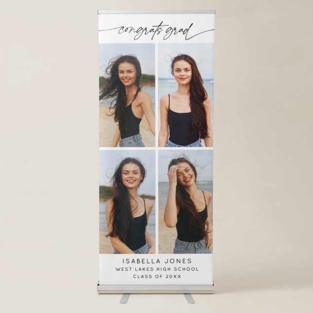 Congrats Grad Party Elegant Script 4 Photo Collage Retractable Banner (Front)