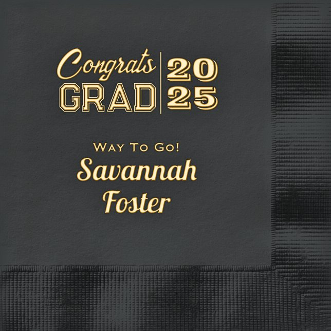 Congrats Grad Personalized Black Gold Graduation Foil Napkins (Congrats Grad Personalized Name and Year Gold Foil Party Napkins)