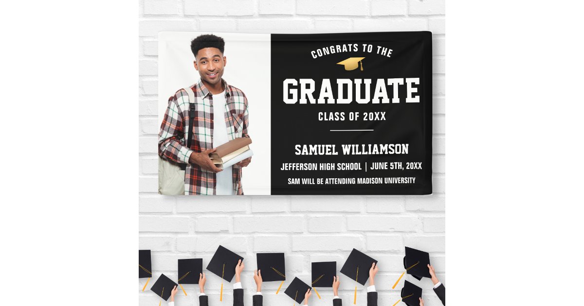 Congrats Grad Photo Black Gold Graduation Party Banner | Zazzle