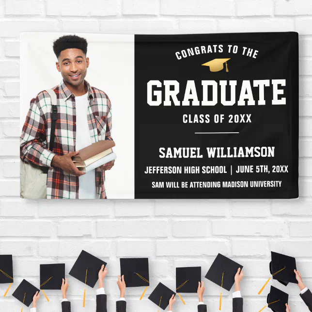 Congrats Grad Photo Black Gold Graduation Party Banner | Zazzle
